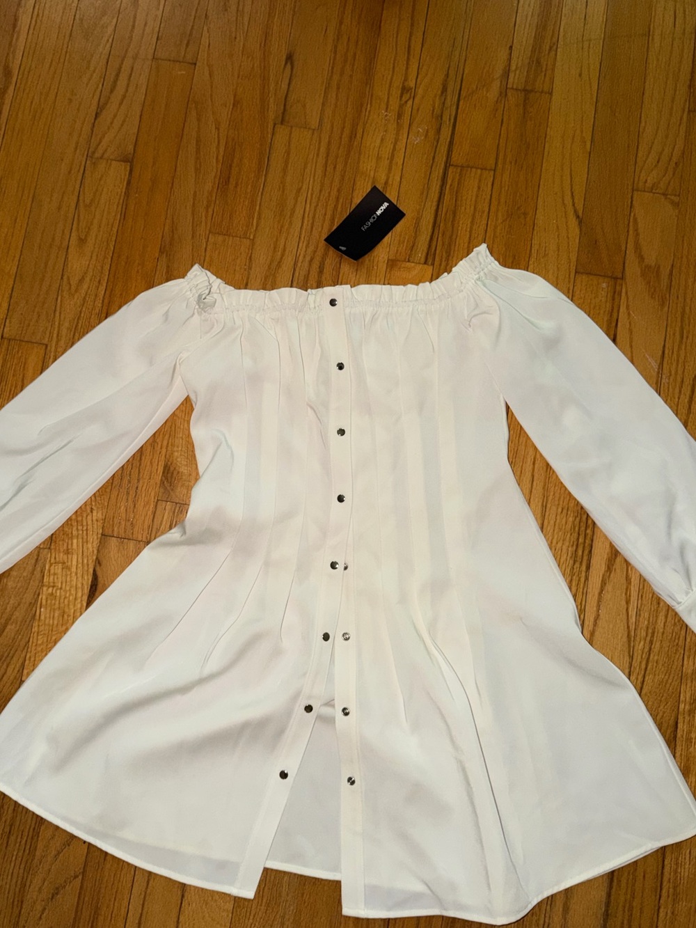 Fashion Nova Cream Off-Shoulder Button Front Top